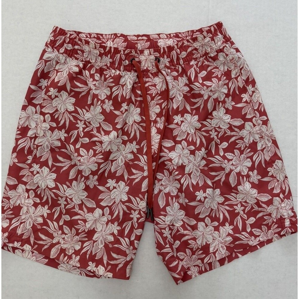 Fair Harbor Men’s Size Small Swim Trunks Coral Pink Floral Tropical Beach Lined